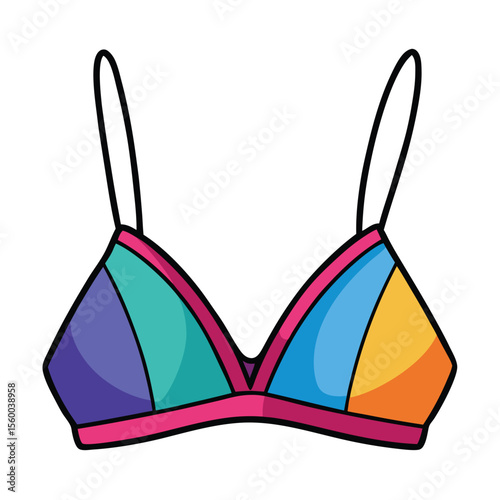 A colorful bikini top, vibrant and stylish, on a plain white surface, ready for swimwear and summer.