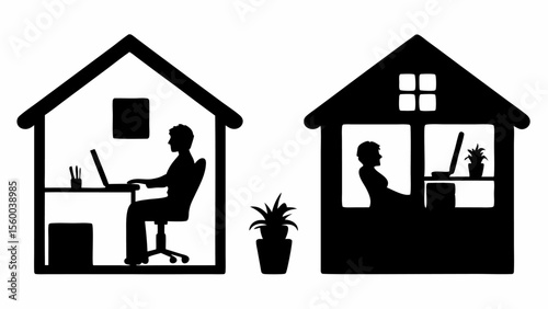 Illustration of two people working from home in separate houses with laptops and a plant in between silhouette