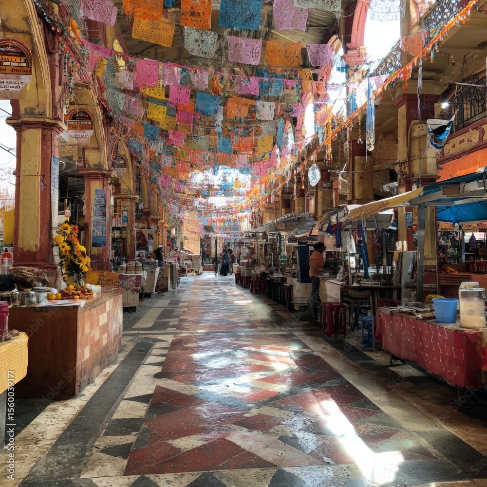 Fototapeta premium Vibrant Market Hall with Colorful Decorations and Traditional Stalls