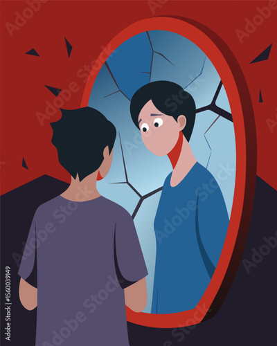 A person looking at their distorted reflection in a mirror with multiple cracks unsure of what they see.. Vector illustration