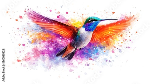 Colorful hummingbird in flight, vibrant watercolor splash background, design element