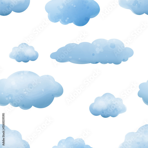 Cute seamless pattern with blue clouds background.Vector watercolor illustration for children's design.