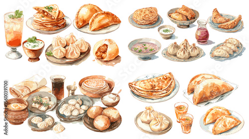 Detailed hand-drawn Georgian cuisine set with khinkali, khachapuri, soup, and traditional bread. Rich in culture and flavor, perfect for ethnic culinary visuals.

