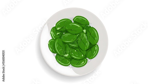 Top view of a white plate filled with a pile of green spinach leaves on a white background art