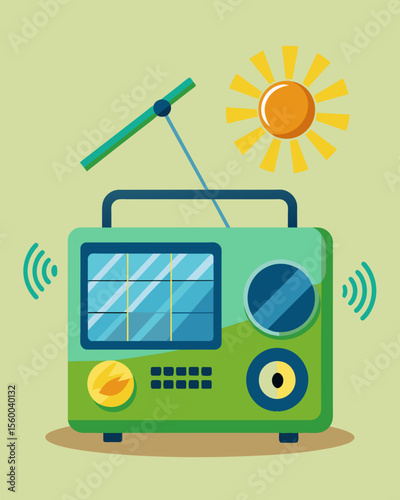 An ecofriendly radio powered entirely by solar panels bringing the latest tunes and news to a sustainable world.. Vector illustration