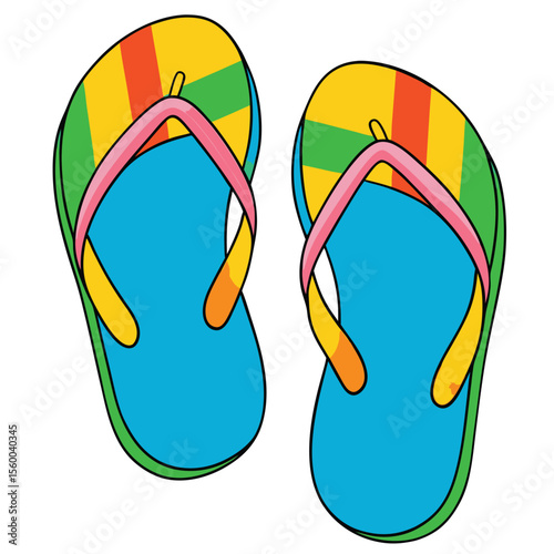 A pair of brightly colored flip-flops, casual and comfortable, isolated on a clean white background, summer footwear.