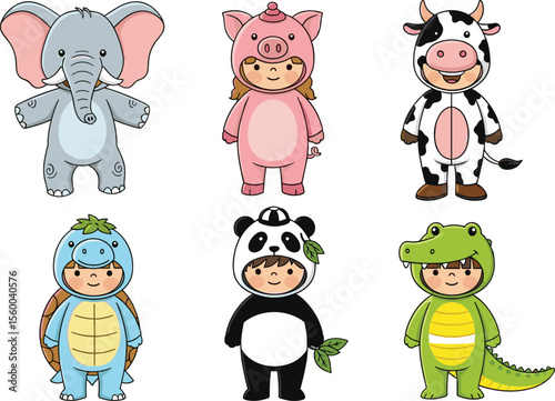 Adorable Children Dressed in Cute Animal Costumes: Elephant, Pig, Cow, Turtle, Panda, and Alligator Characters, Playful Kids Photoshoot.