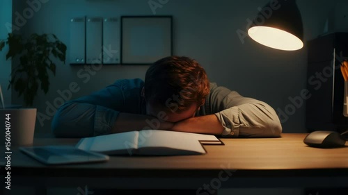 Exhausted businessman slumping over desk in dimly lit office, head down, displaying workplace burnout and extreme work related fatigue during late night hours