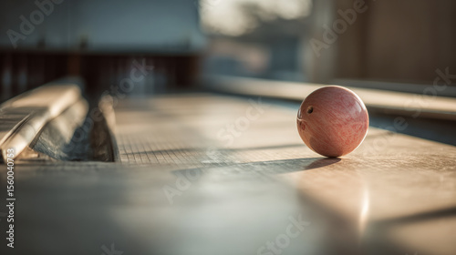 retro bowling alley featuring empty lane with single pin and bowling ball