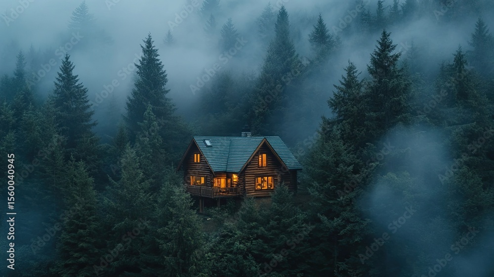 Fototapeta premium Aerial View of Cozy Cabin Surrounded by Misty Forest at Night