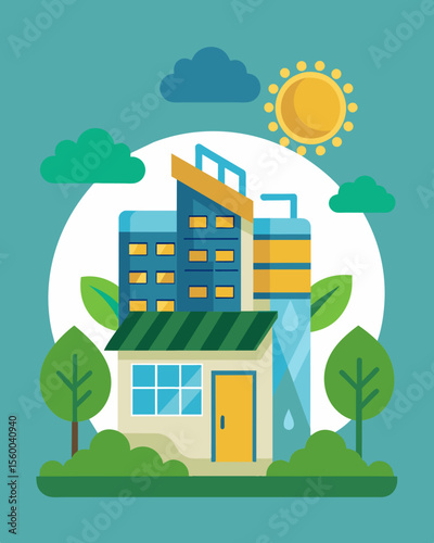 An ecofriendly hotel promotes its use of solarpowered air conditioning as part of its commitment to sustainable tourism.. Vector illustration