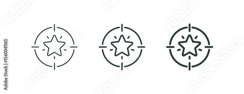 Choice bonuses and loyalty, seeking benefit outline icons. Line signs aim with a shining five-pointed star. Vector isolated pictograms for web and apps on white background editable stroke.