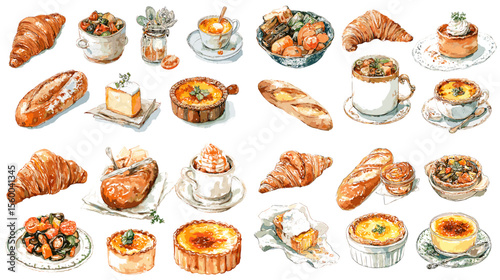 Elegant hand-drawn French food illustration featuring croissants, soups, gratin, ratatouille, and desserts. Perfect for bakery menus, culinary guides, and food culture content.

