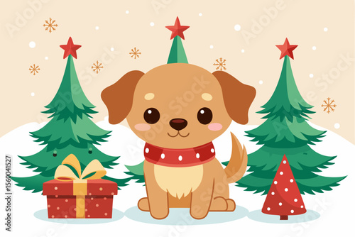 Adorable cartoon illustration of a fluffy white puppy with a red bow and scarf sitting inside a festive red holiday cup 