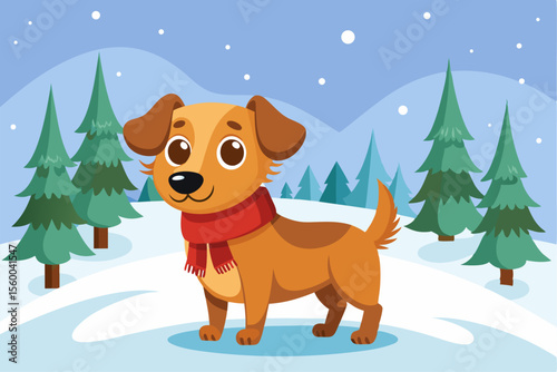 Adorable cartoon illustration of a fluffy white puppy with a red bow and scarf sitting inside a festive red holiday cup 