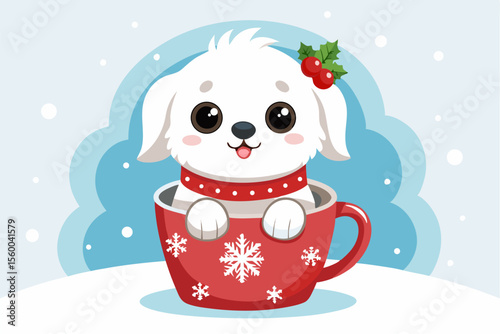 Adorable cartoon illustration of a fluffy white puppy with a red bow and scarf sitting inside a festive red holiday cup 