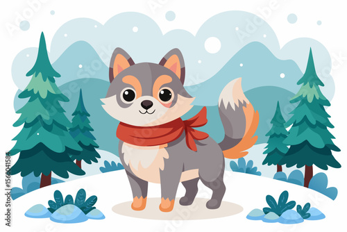 Adorable cartoon illustration of a fluffy white puppy with a red bow and scarf sitting inside a festive red holiday cup 