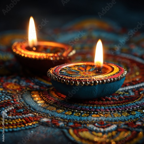 Colorful Decorative Diyas with Bright Flames on Artistic Background