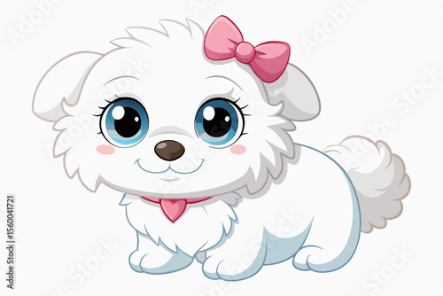 Adorable cartoon illustration of a fluffy white puppy with a red bow and scarf sitting inside a festive red holiday cup 