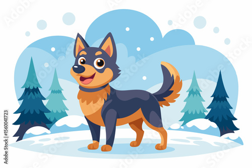 Adorable cartoon illustration of a fluffy white puppy with a red bow and scarf sitting inside a festive red holiday cup 