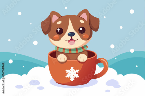 Adorable cartoon illustration of a fluffy white puppy with a red bow and scarf sitting inside a festive red holiday cup 