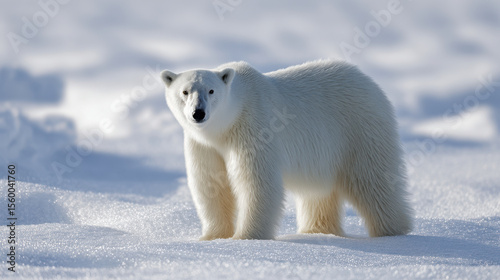 majestic polar bear standing on vast expanse of pure white snow illuminated by soft warm daylight