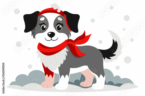 Adorable cartoon illustration of a fluffy white puppy with a red bow and scarf sitting inside a festive red holiday cup 