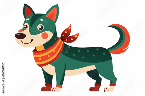 Adorable cartoon illustration of a fluffy white puppy with a red bow and scarf sitting inside a festive red holiday cup 
