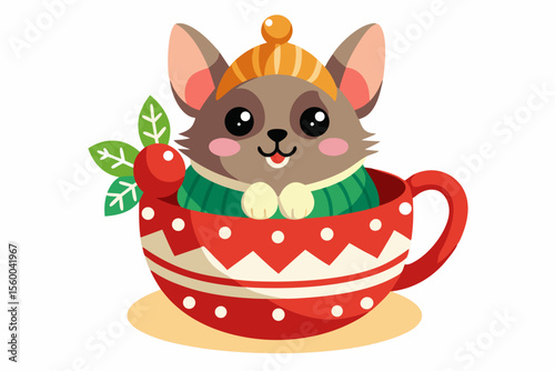 Adorable cartoon illustration of a fluffy white puppy with a red bow and scarf sitting inside a festive red holiday cup 