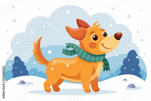 Adorable cartoon illustration of a fluffy white puppy with a red bow and scarf sitting inside a festive red holiday cup 