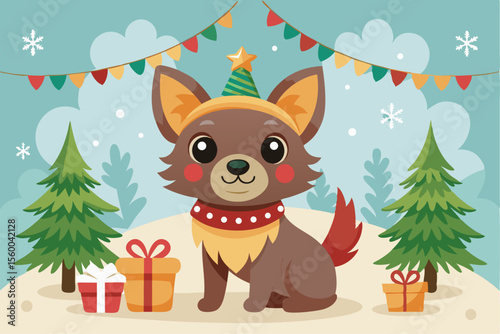 Adorable cartoon illustration of a fluffy white puppy with a red bow and scarf sitting inside a festive red holiday cup 