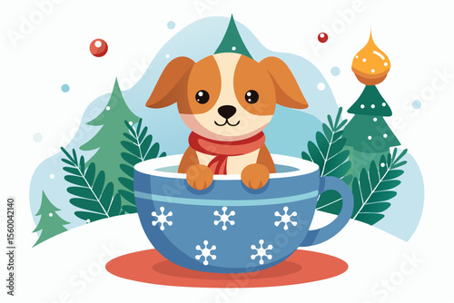 Adorable cartoon illustration of a fluffy white puppy with a red bow and scarf sitting inside a festive red holiday cup 