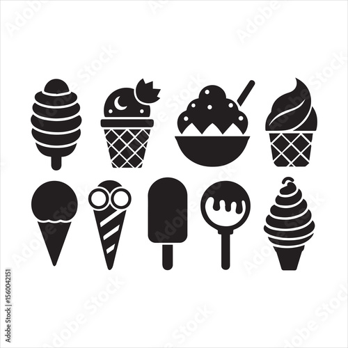 Several different black ice cream treat styles appear against a plain white backdrop