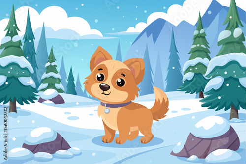 Adorable cartoon illustration of a fluffy white puppy with a red bow and scarf sitting inside a festive red holiday cup 
