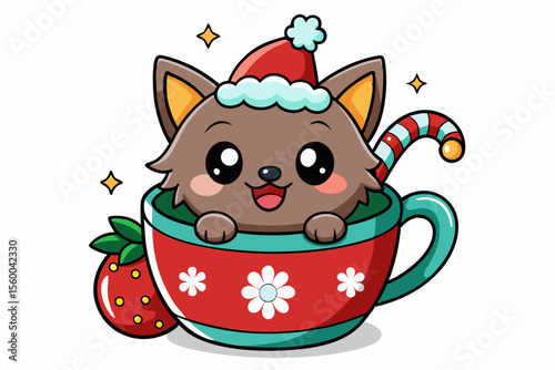 Adorable cartoon illustration of a fluffy white puppy with a red bow and scarf sitting inside a festive red holiday cup 