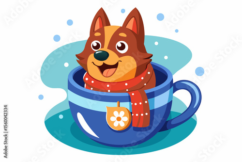 Adorable cartoon illustration of a fluffy white puppy with a red bow and scarf sitting inside a festive red holiday cup 