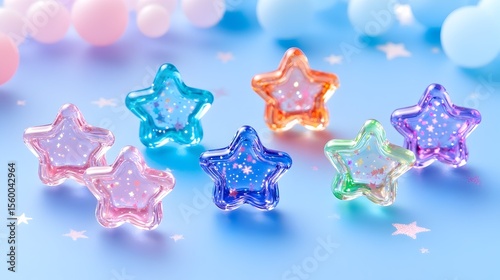 Pastel star resin jewelry on blue background, balloons