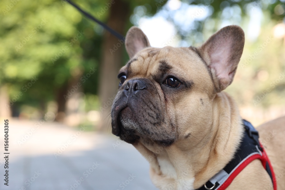 Obraz premium Adorable pet. Cute French bulldog with leash in park, closeup. Space for text
