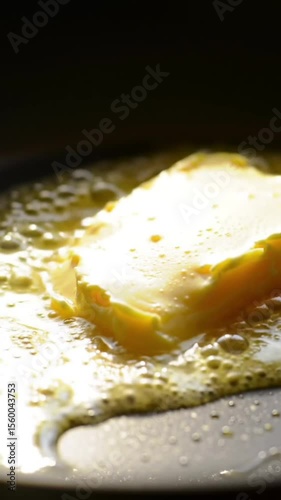 Melting Butter in Pan, Cooking, Food, Kitchen, Culinary, Delicious, Golden, Yellow, Bubbly, Warm