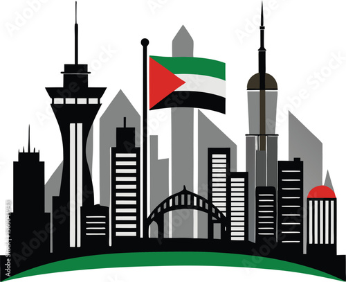This collection of images showcases architectural landmarks and cultural symbols of Qatar, including buildings, a falcon