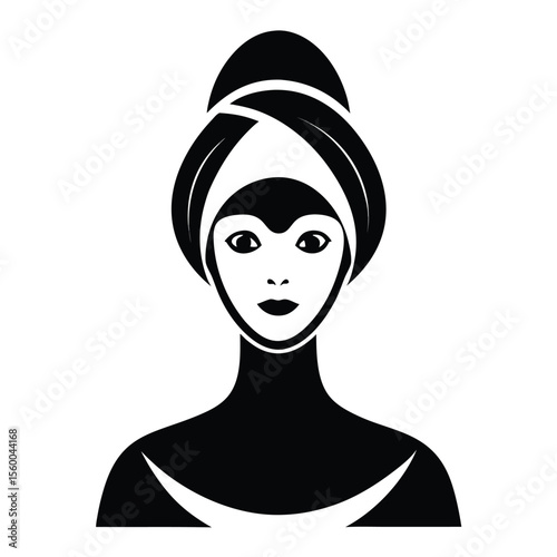 Minimalist graphic icon of a woman with a unique stylized face and a towel wrap on her head. Beauty and wellness symbol