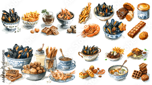 Belgian food illustration with mussels, fries, waffles, beer, and chocolate in a hand-drawn style on white background. Rich detail and cultural flavor.

