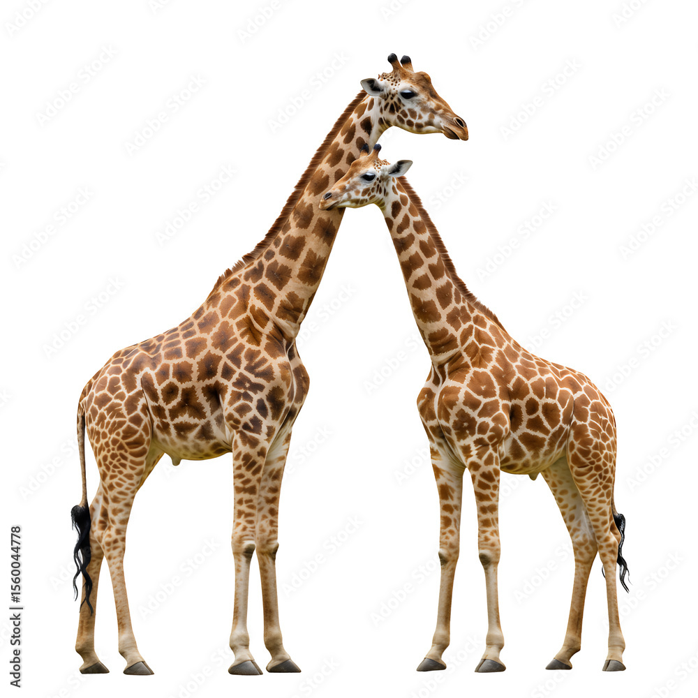Fototapeta premium Two giraffes standing side by side, isolated background, vivid color and texture