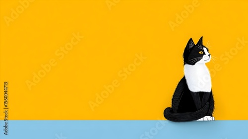 Tuxedo cat sitting, yellow background, minimal design, pet advertising
