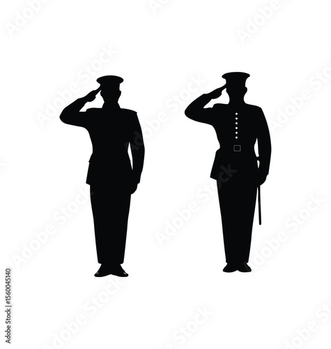 Military Salute Silhouette Illustration – Minimalist Black and White Figures in Uniform Showing Formal Respect