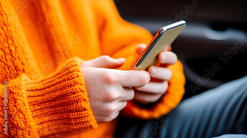 Person texting on phone in car, autumn