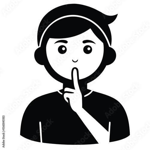A simple black and white icon of a young person making a shushing gesture, requesting quiet and silence
