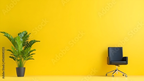 Yellow room, chair, plant, minimalist design, office mockup
