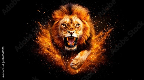 Wallpaper Mural Roaring lion charging, fiery sparks, dark background, wildlife poster Torontodigital.ca