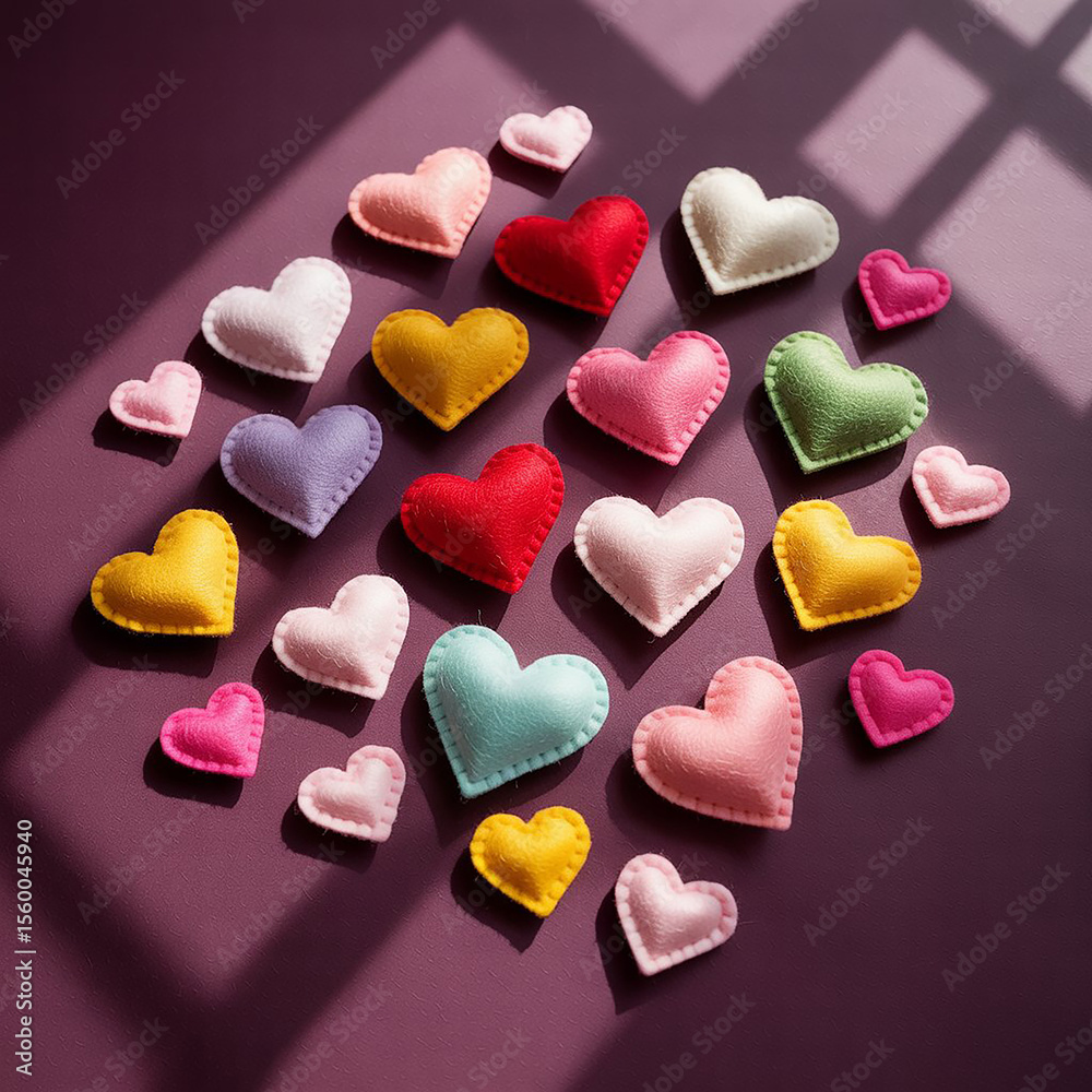 Fototapeta premium Colorful Felt Hearts in Flat Lay